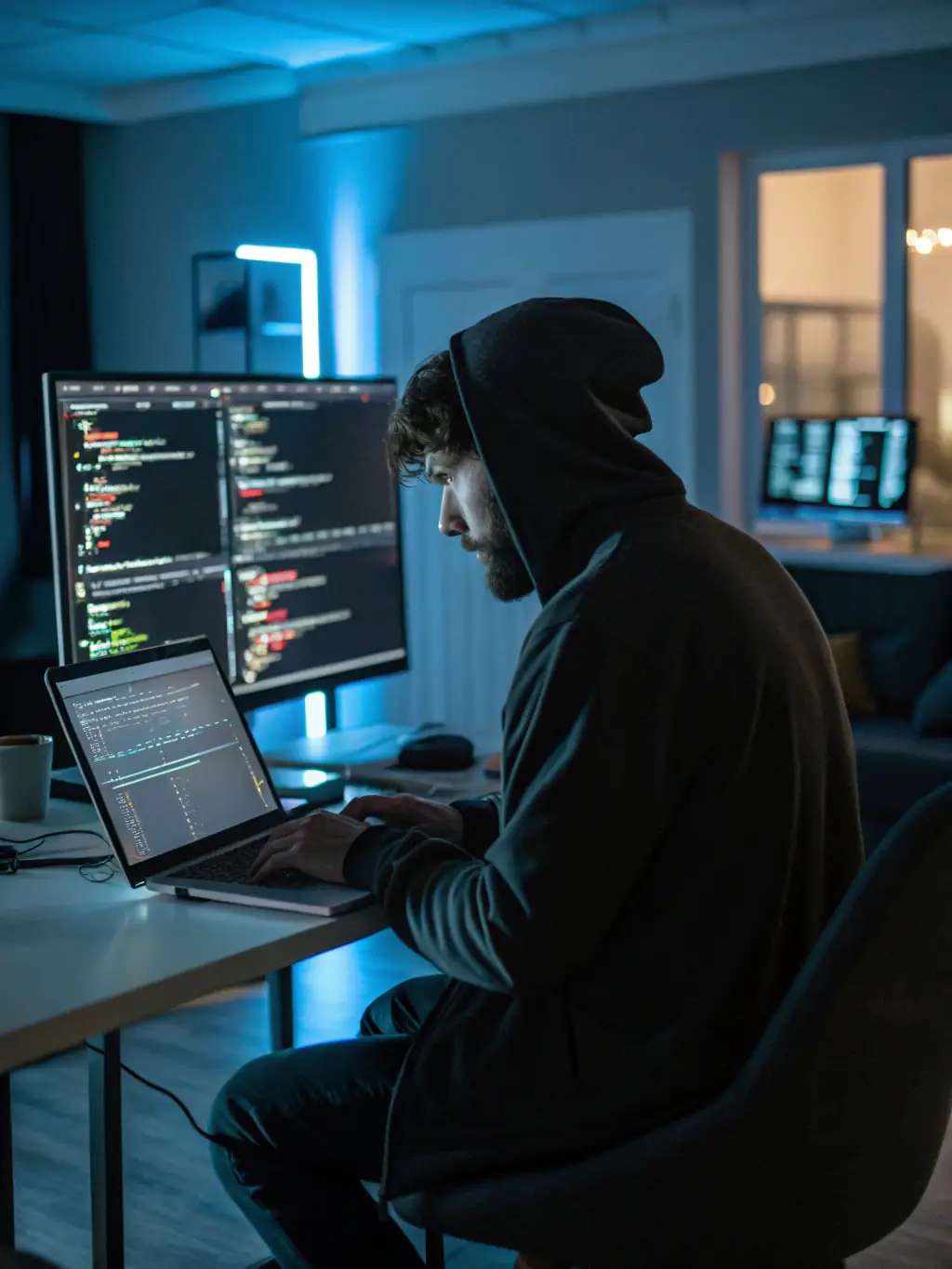 An AI system analyzing data on a screen, with a developer in the background, illustrating Wyndix GmbH's AI integration services.