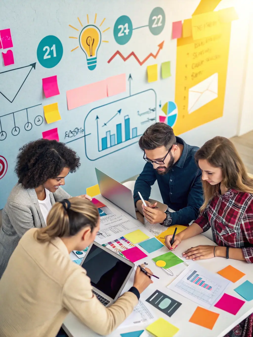 A team optimizing processes on a whiteboard, using diagrams and post-its, representing Wyndix GmbH's process optimization services.
