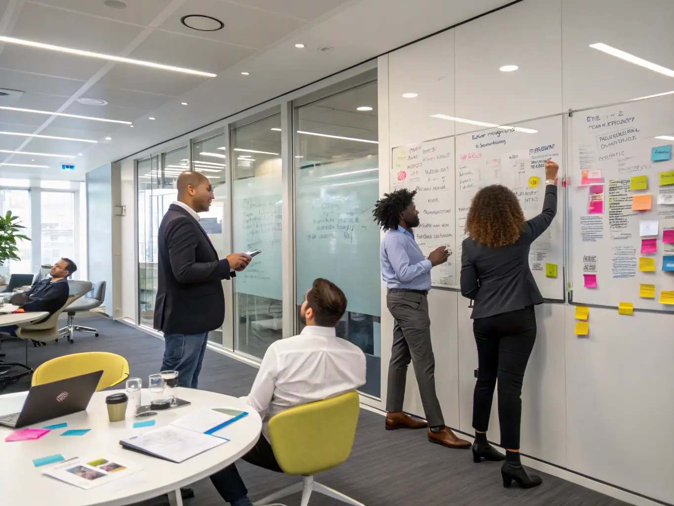 A team optimizing processes on a whiteboard with diagrams and Post-its, representing Wyndix GmbH's approach to process optimization.
