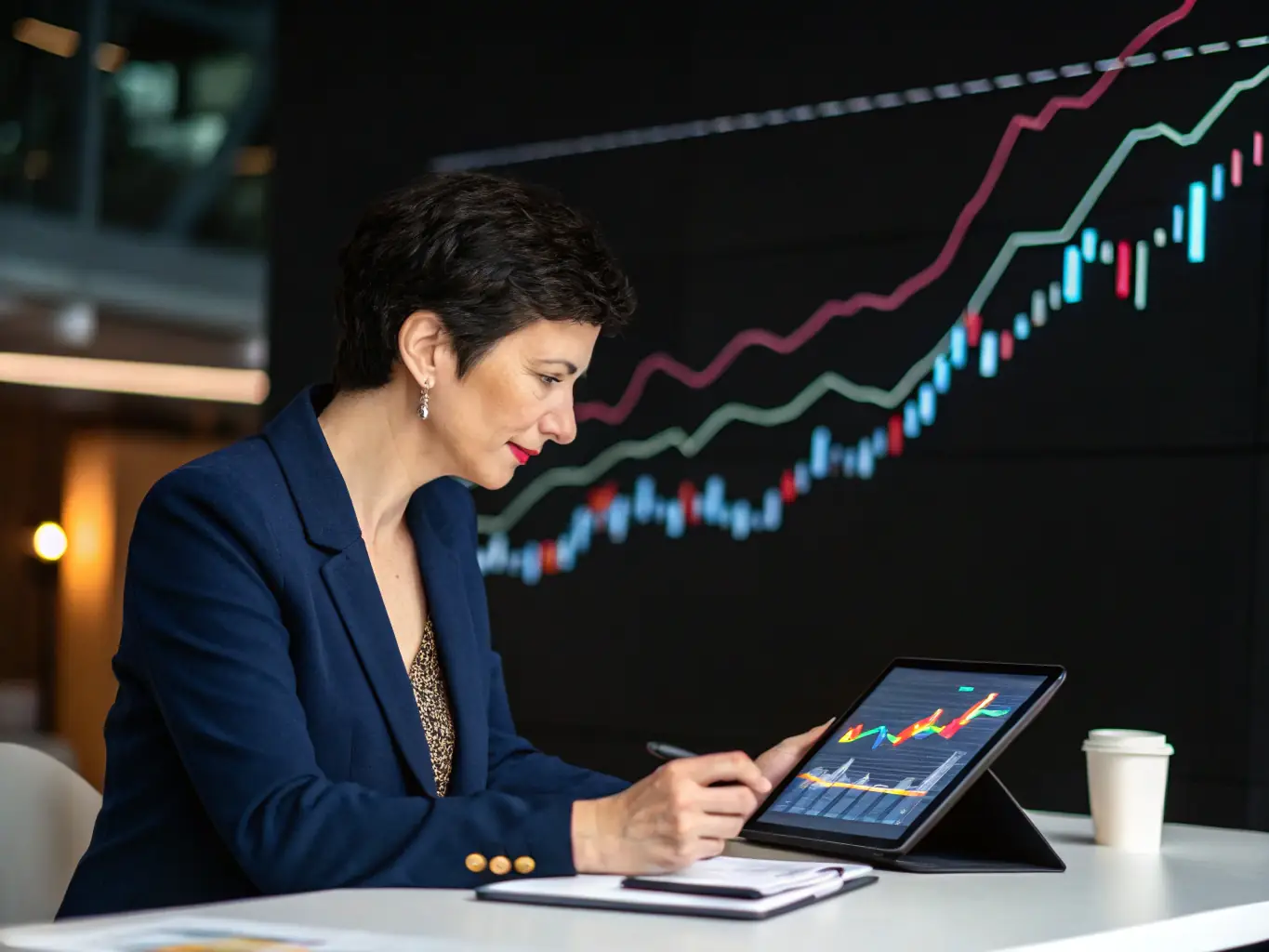 A professional consultant from Wyndix GmbH is shown in a modern office setting, analyzing data on a laptop screen, with charts and graphs visible in the background, symbolizing data-driven decision-making.
