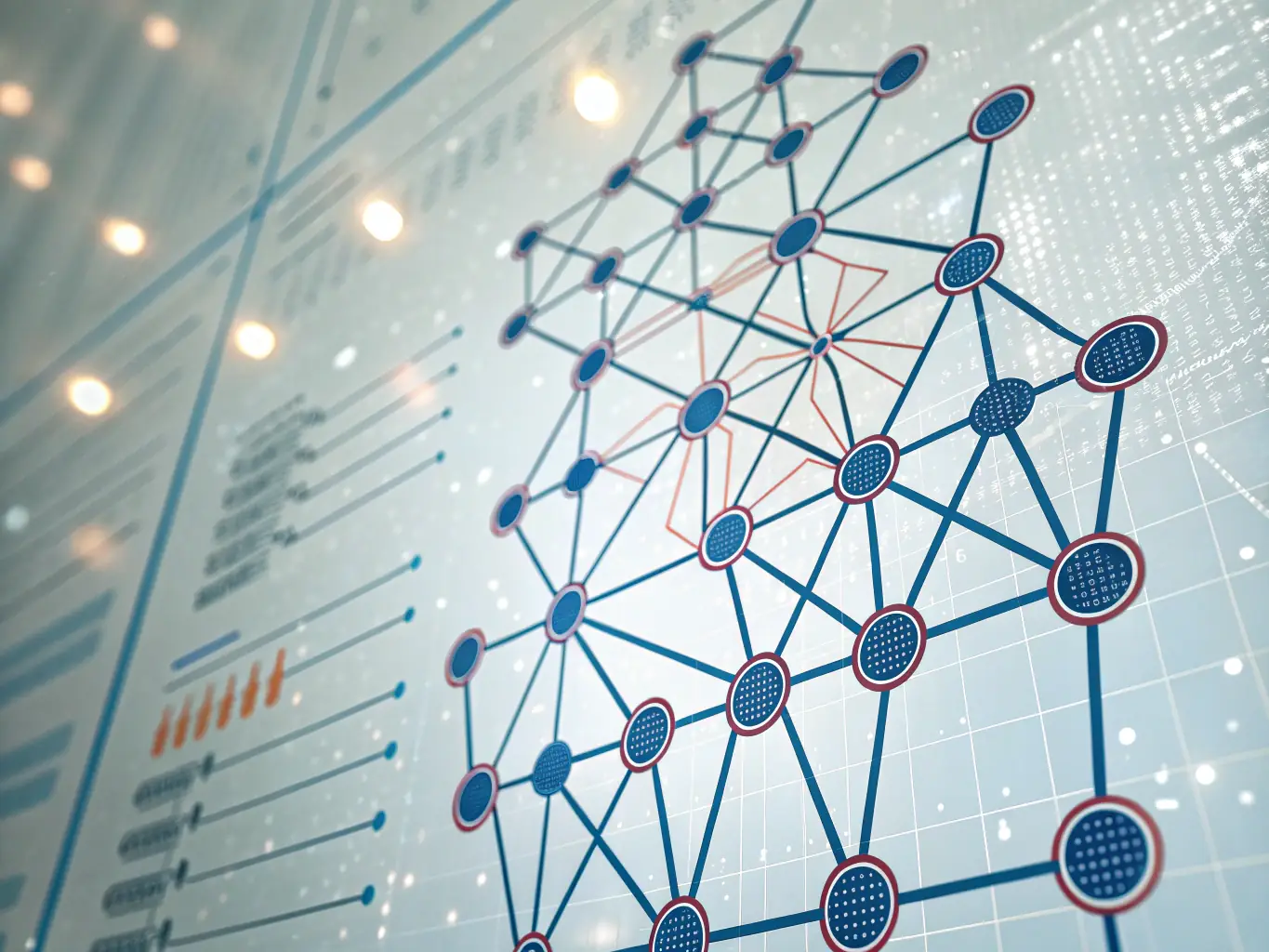 A futuristic image of AI algorithms analyzing business data, with neural network visualizations and data streams, symbolizing the integration of artificial intelligence to drive innovation and efficiency.