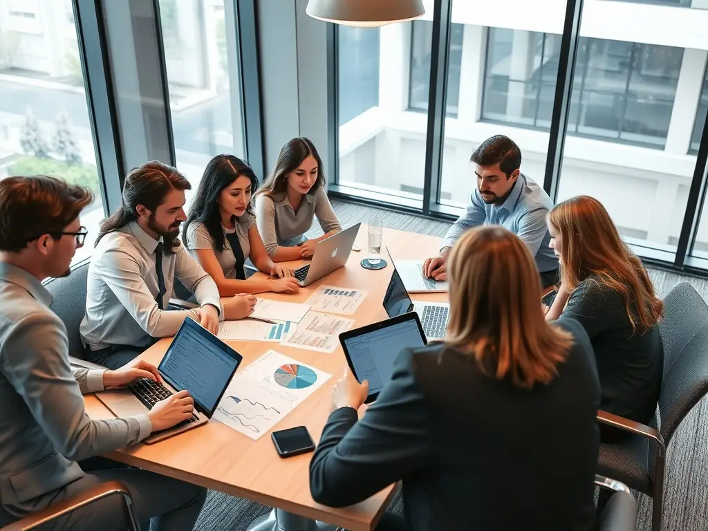 A team of consultants collaborating on process optimization in a bright, modern office, using digital tools and whiteboards.