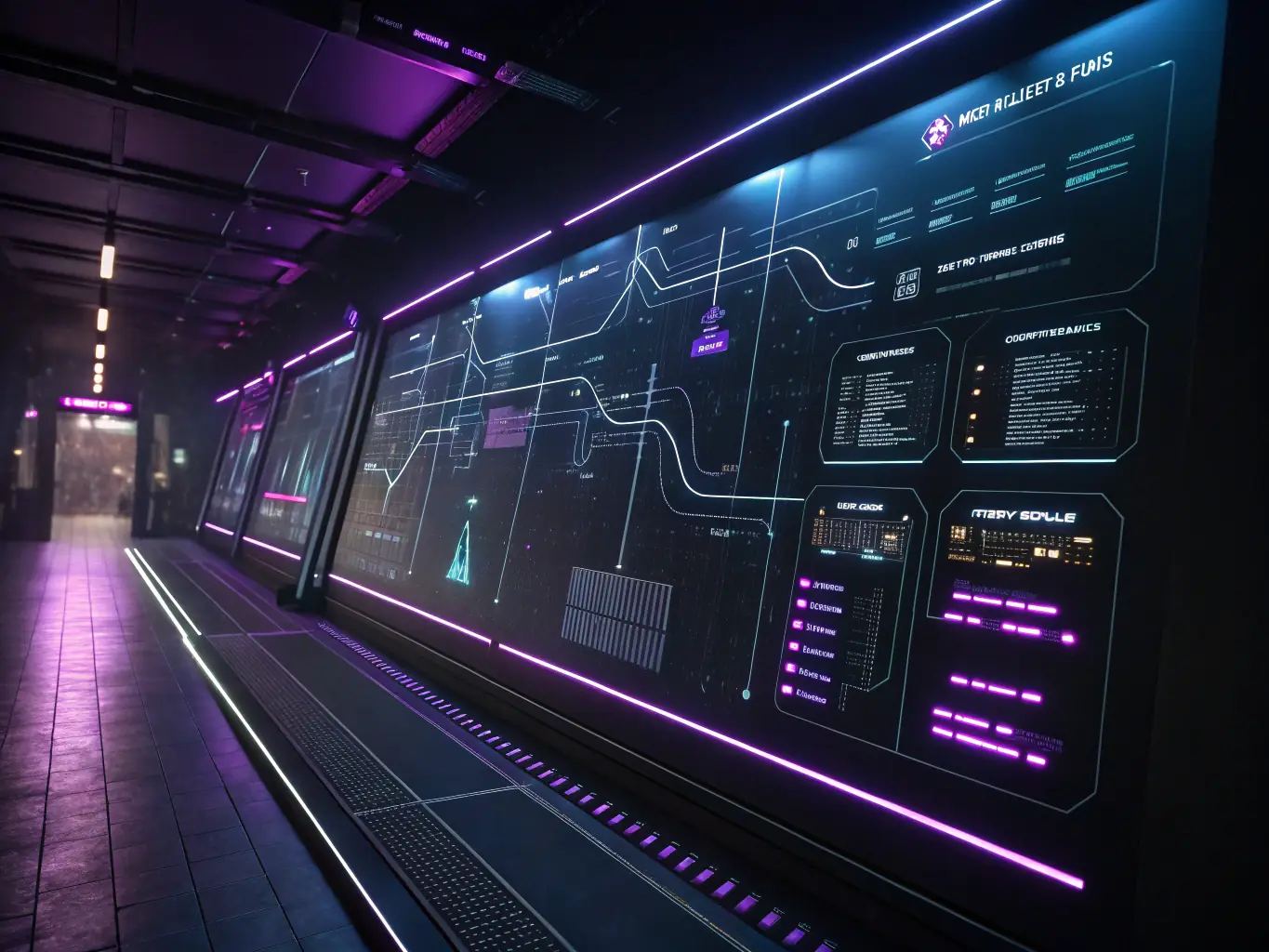 A futuristic image of AI integration in a business setting, showing data streams and intelligent automation systems.