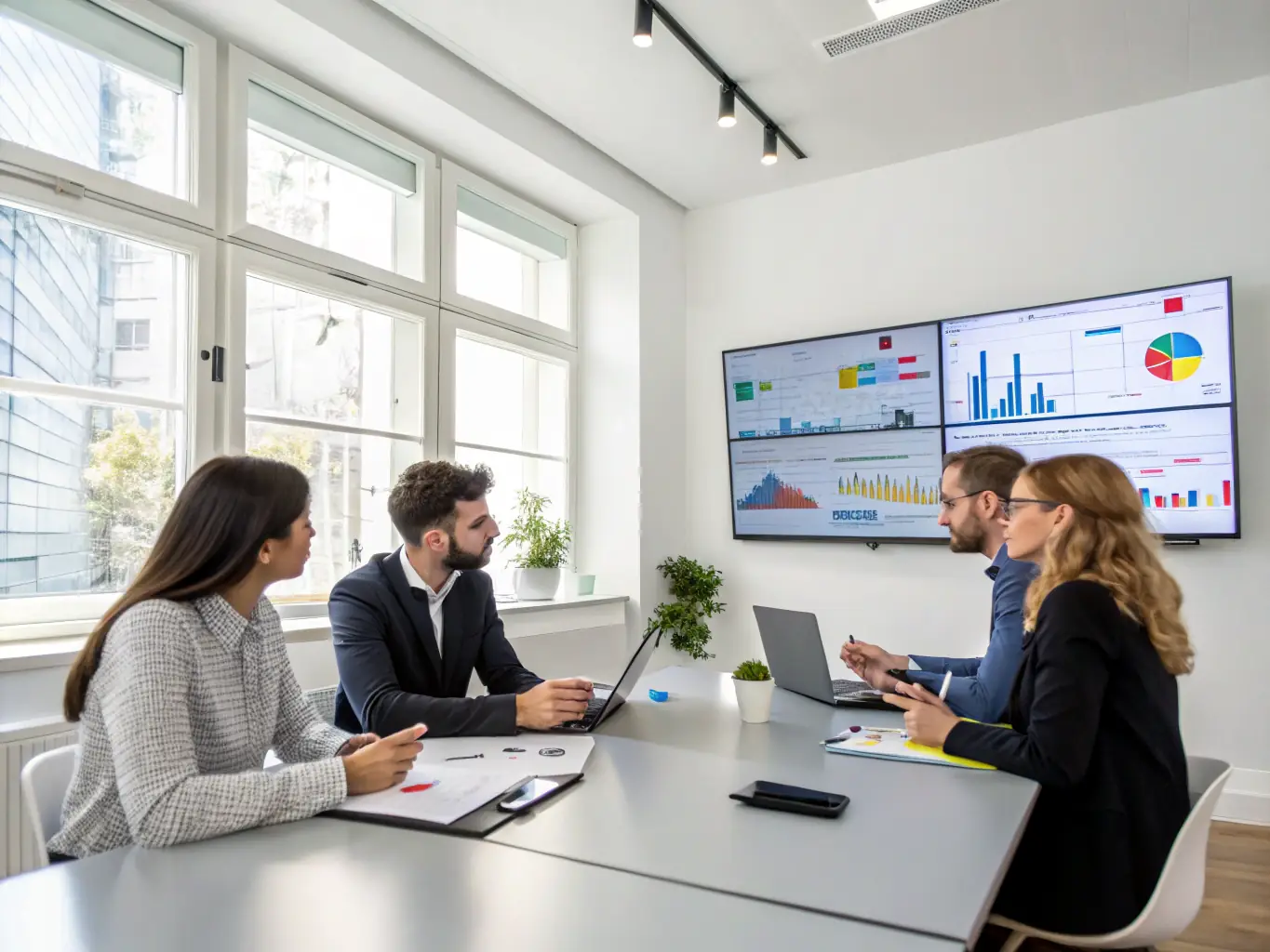 A professional team is brainstorming growth strategies in a modern office setting, with charts and data visualizations displayed on a large screen, reflecting a collaborative and data-driven approach to business consulting.